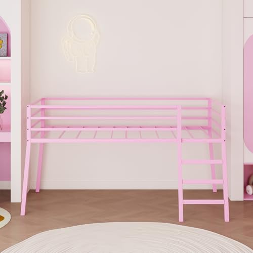 Lutown-Teen 43 inch High Metal Twin XL Loft Bed with Stairs and Guardrail for Juniors, Space Saving Loft Bed for Small Bedroom, Pink Lutown-Teen