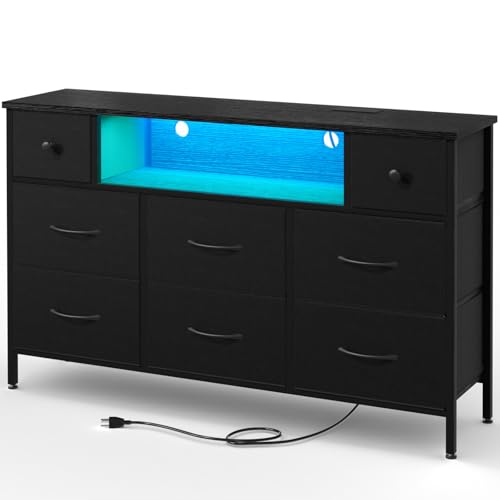 Fixwal Dresser for Bedroom with Power Outlets and LED Lights, Black 55" TV Stand with 8 Drawers, Fabric Chest of Drawers with PU Finish for Living Room, Entryway