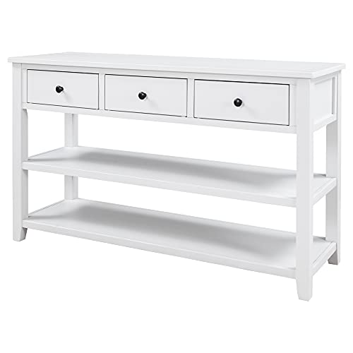 Mid-Century Console Table Modern Solid Wood Frame Sofa Table with 2 Tier Open Shelves and 3 Top Storage Drawers Entryway Table for Living Room Hallway Foyer, Easy Assembly Knocbel