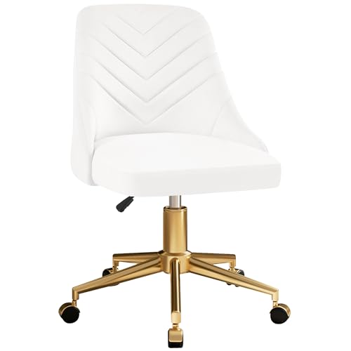 VECELO Velvet Vanity Desk Chair with Height-Adjustable for Office Living Room Bedroom Make Up Study, 360°Swivel, Wheeled Gold Base, White VECELO