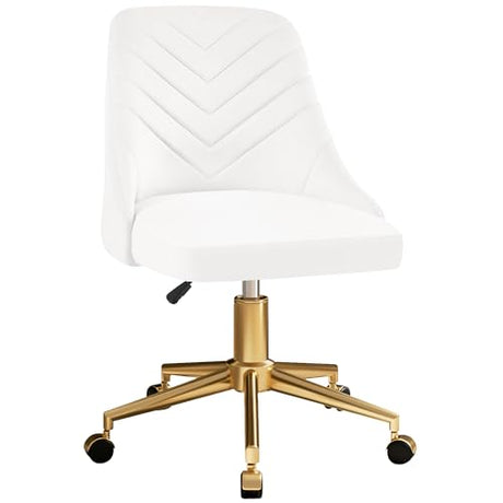 VECELO Velvet Vanity Desk Chair with Height-Adjustable for Office Living Room Bedroom Make Up Study, 360°Swivel, Wheeled Gold Base, White VECELO