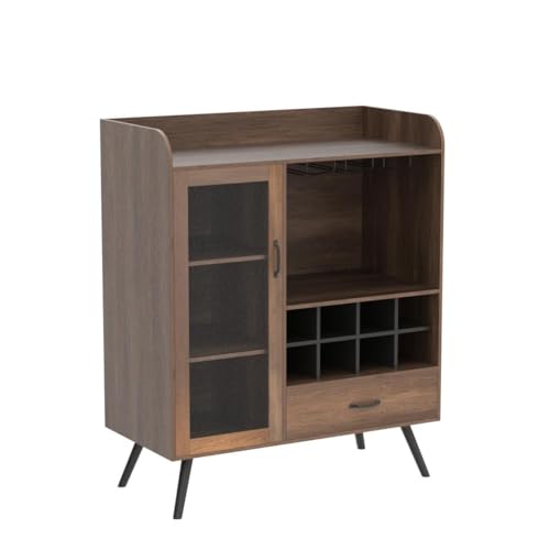 LOKO Wine Bar Cabinet, Farmhouse Coffee Bar Cabinet with Tempered Glass Door, 3-Row Glass Holder & 8-Grid Wine Rack, Buffet Sideboard with Wine Display, Rustic Brown - WoodArtSupply