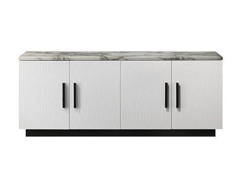 Lilola Home Matilda 63-inch White Cabinet Console Table with Faux Marble Top – Modern 4-Door Storage Design with Adjustable Shelves and Black Contrasting Base for Living Room or Entryway LILOLA LIVING