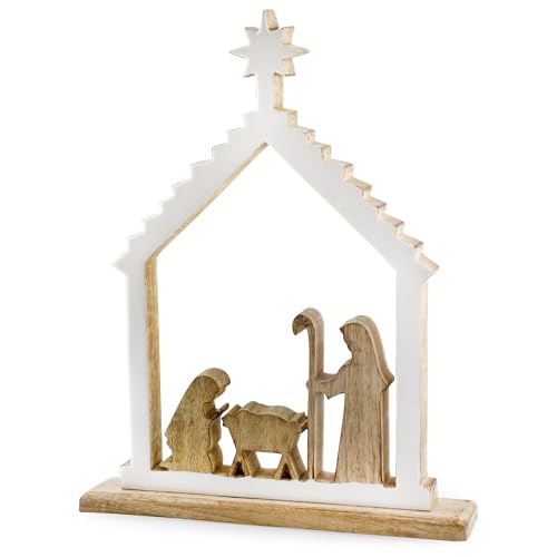 AuldHome Wood Enamel Nativity Scene, Rustic Mango Wood w/Enamel Christmas Decor Statue