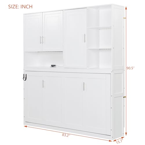 SOFTSEA Twin Size Horizontal Murphy Bed with Bookcase, LED Light and USB Charging Station, Space-Saving Hideaway Wall Bed Frame, White SOFTSEA