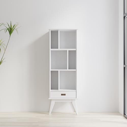 SIMPLIHOME Draper Solid Hardwood 64 inch x 22 inch Mid Century Modern Bookcase and Storage Unit in White for The Living Room, Study Room and Office SIMPLIHOME