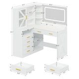 L-Shaped Corner Vanity Desk with LED Lighted Mirror & Charging Station, White Makeup Vanity with 6 Drawers & Sliding RGB Cabinet, Large Farmhouse Dressing Table with Open Storage Shelves for Women CSZZD