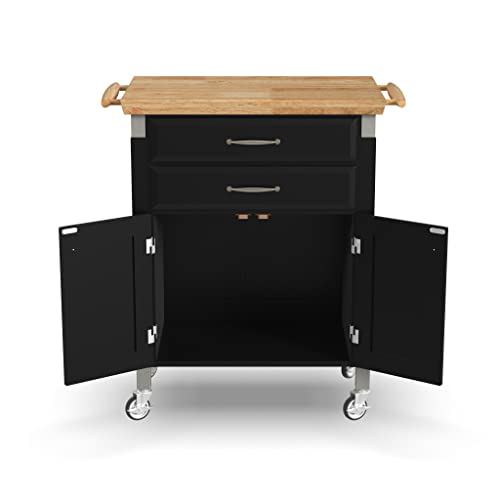 Home Styles Black Dolly Madison Prep and Serve Kitchen Cart with Natural Top, Locking Casters, Two Drawers, Two Storage Cabinets homestyles