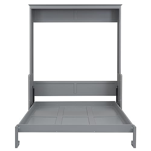 FAVSH Queen Size Murphy Bed with Shelf, Modern Solid Pine Wood Wall Bed, Space-Saving Hidden Bed,Fold-The-Way Bed for Bedroom,No Box Spring Needed,Grey FAVSH