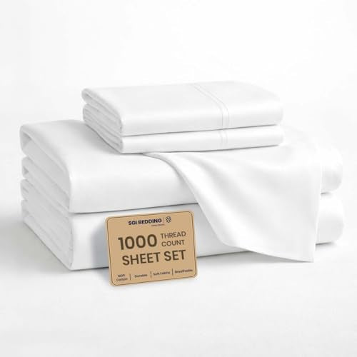 SGI bedding 100% Egyptian Cotton Sheets Full XL Size - 1000 Thread Count Luxury Hotel Sheets, 18" Deep Pocket, Soft & Breathable 4-Piece White Sheet Set SGI bedding