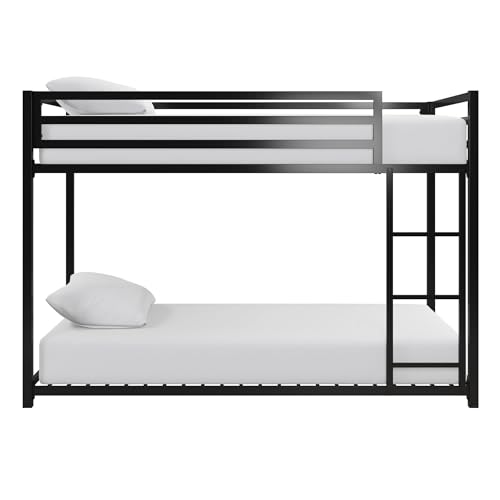 DHP Miles Low Metal Bunk Bed Frame for Kids, With Built-in Ladder, High Guardrail and Metal Slats, Floor Bed Bottom Bunk, No Boxspring Required, For Small Spaces, Twin-Over-Twin, Black DHP