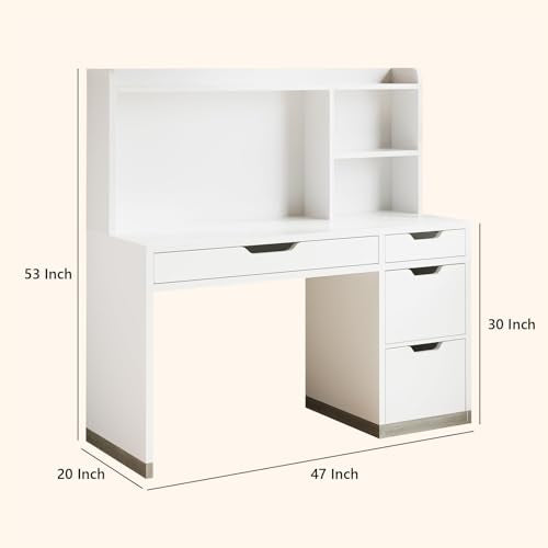 MaverickFurni White Desk with Hutch and Drawers, 53 Inch Computer Desk with Storage File Drawer, White Study Desk with 4 Drawers for Bedroom, Small Space MaverickFurni