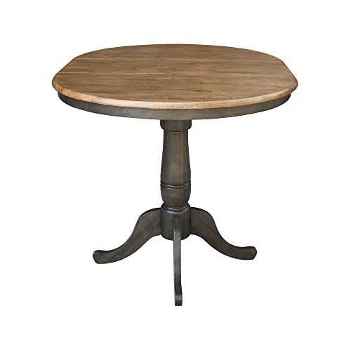 IC International Concepts 36" Round Top Pedestal 12" Leaf-35.3" H-Counter Height Dining Table, Hickory/Washed Coal IC International Concepts