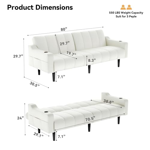 Chfeloai 80'' Futon Sofa Bed, Faux Leather Sleeper Couch, Convertible Loveseat with Adjustable Sofa Backrest, Modern Couches for Living Room, Bed Room, Apartment, Office (Beige) Chfeloai