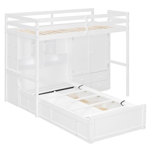 Ball & Cast Twin Size Bunk Bed with Hydraulic Bed & Storage Area,Wood Loft Beds w/Drawers and Wardrobe,Shelves,Space-Saving Bedframe w/Ladder,Full-Length Guardrail,for Apartment,Bedroom,White Ball & Cast