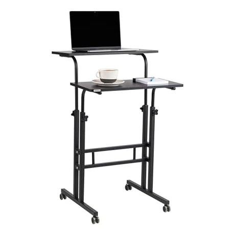 Mind Reader Standing Desk, Adjustable Height Laptop Workstation, Portable Rolling Desk on Wheels, Two-Tier Metal Frame, Black Mind Reader