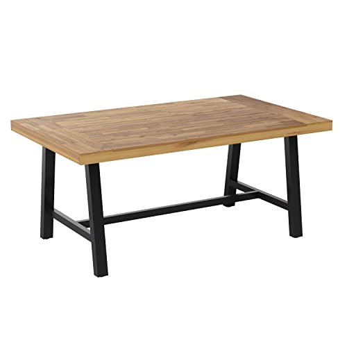 EMMA + OLIVER Whitford Natural Finish Solid Acacia Wood Dining Table with Black Metal Legs for Indoor and Outdoor Use - WoodArtSupply