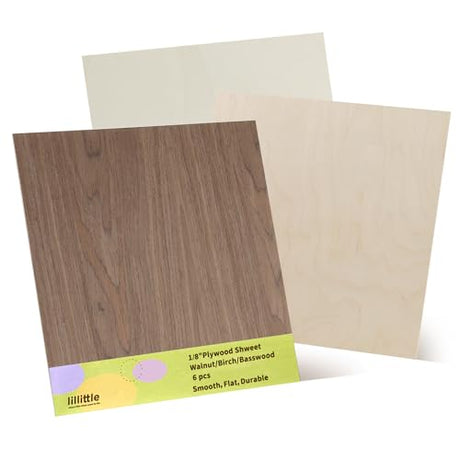 6 Pack Walnut Wood Sheets, 12 x 12 x 1/8 Inch Basswood + Walnut + Birch, Wood for Laser Cutting and Engraving, 3mm Plywood for Laser Cutting, Wood for Crafts, Laser Engraving Blanks, Unfinished Wood lilLittle
