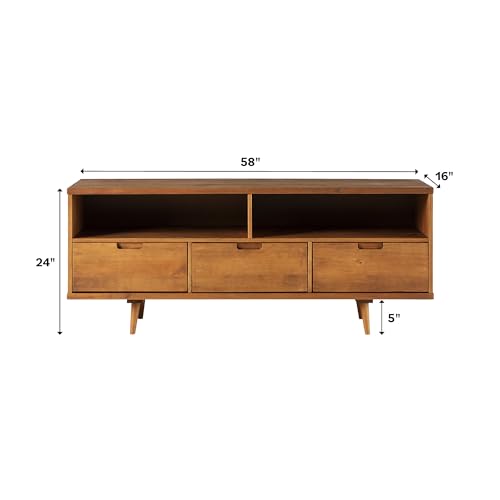 Walker Edison 3-Drawer Mid Century Modern Wood TV Stand for TV's up to 65" Flat Screen Cabinet Door Living Room Storage Entertainment Center, 58 Inch, Caramel Walker Edison