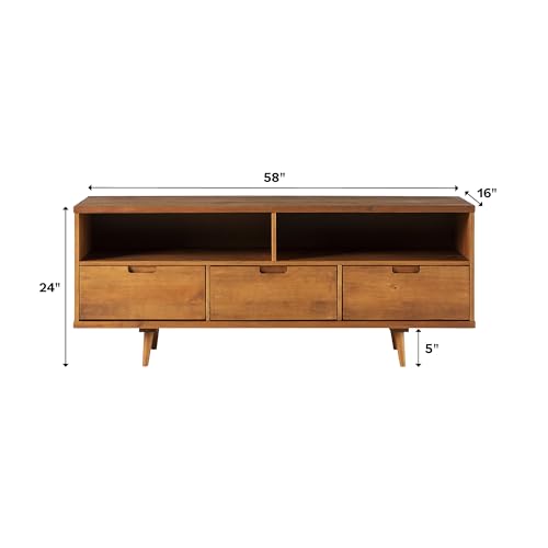 Walker Edison 3-Drawer Mid Century Modern Wood TV Stand for TV's up to 65" Flat Screen Cabinet Door Living Room Storage Entertainment Center, 58 Inch, Caramel - WoodArtSupply