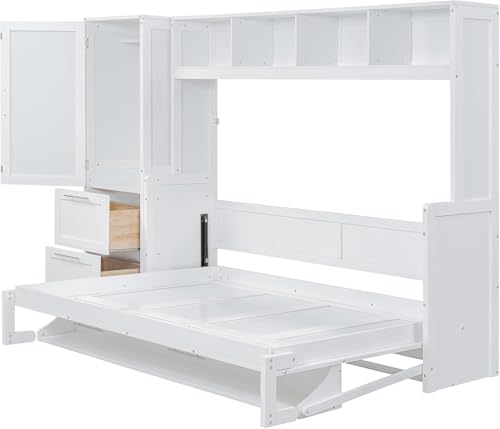 Virubi Queen Horizontal Murphy Bed with Storage Wardrobe Closet,2 Drawer,4 Storage Shelves,Wood Folding Murphy Wall Bed Cabinet for Adult (Grey,Queen) Virubi