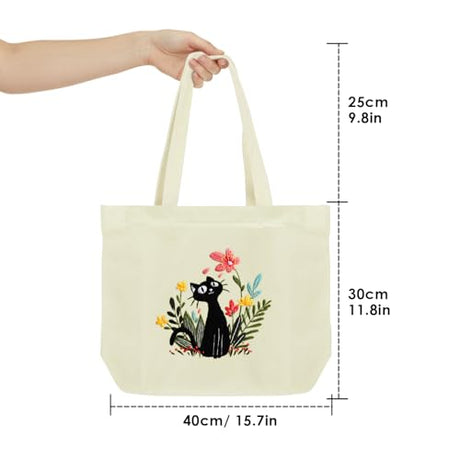 ERKOON Canvas Tote Bag Embroidery Kit for Beginners, Floral Arts Crafts Cross Stitch Kits for Adults Including Stamped Embroidery Bag with Hoops, Needle, Instruction and Color Threads (Cat) ERKOON