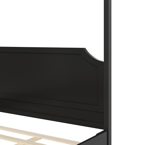 Queen Size Solid Wood Canopy Bed with Headboard and 10''H Under-Bed Storage,Mid-Century Modern Four Posters Platform Bed with Wood Slat Support for Bedroom,No Box Spring Needed,Easy Assembly,Black