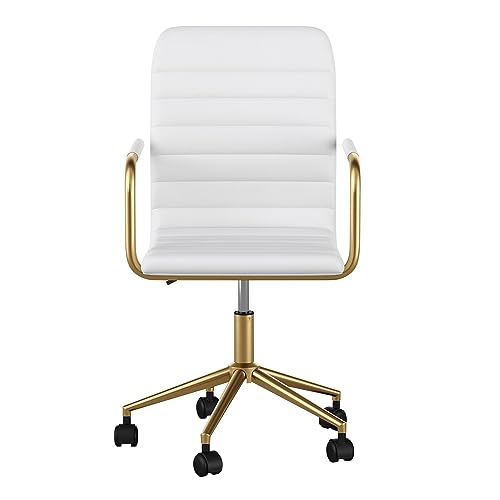 Martha Stewart Taytum Swivel Task Chair with Armrests for Home Office in White Faux Leather with Polished Brass Frame Martha Stewart