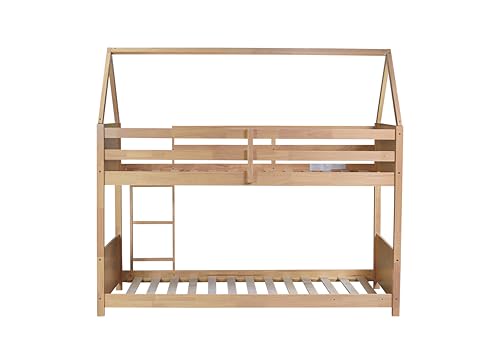 Ball & Cast Twin Over Twin House Bunk Bed for Kids,Rubber Wood Bunk Bed with Headboards, Footboards and Guardrails, Ladder,Twin Size House Shaped Bunk-Bed, No Box Spring Needed,White Oak Ball & Cast