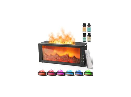 BOHOFAM Fireplace Essential Oil Aroma Diffuser,Flame Air Humidifiers 300ML,14-Hour Runtime,Colorful Flame Diffusers for Home,Included 4 * 10ML Hotel Collection Diffuser Oils for Bedroom(Black) BOHOFAM