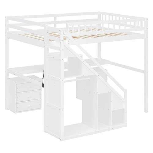 Merax Full Size Wood Loft Bed with Stairs, Built-in Desk, 2 Storage Drawers & Lights, Space Saving Bed for Teens, Adults, Study Loft Bed with Underbed Storage, White Merax