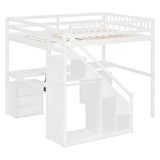Merax Full Size Wood Loft Bed with Stairs, Built-in Desk, 2 Storage Drawers & Lights, Space Saving Bed for Teens, Adults, Study Loft Bed with Underbed Storage, White Merax