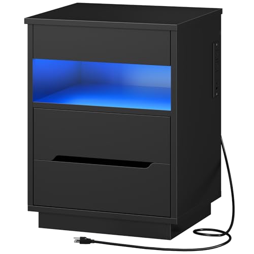 HOOBRO Nightstand with Charging Station, LED Bedside Table with Drawers, Lockable Hidden Compartment, Modern End Table, Night Stand for Bedroom, 2 AC Outlets, USB-A Port and Type-C, Black BB144UDBZ01 HOOBRO