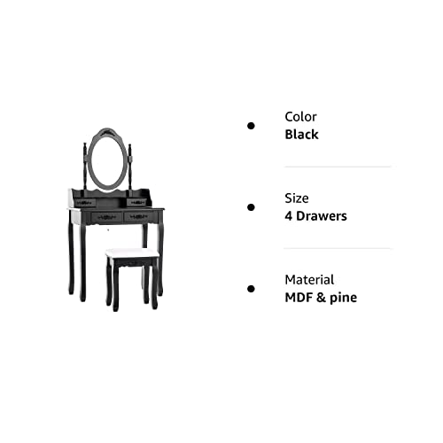 Mecor Vanity Table,Makeup Dressing Table with Oval Mirror,Bedroom Vanity Set w/Cushioned Stool 4 Drawers Women Girls Kids Black mecor