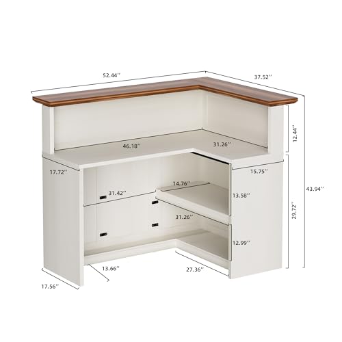 OUTGUAVA Reception Desk with Counter, Modern L Shaped Reception Desk with Storage Shelves, 52” Retail Counter for Checkout, Lobby, Office, Salon, White OUTGUAVA