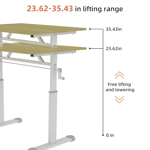 FRITHJILL Manual Height Adjustable Desk with Crank Handle, 23.62" to 35.43" Standing Desk with Round Corners, Wooden Desktop for Home Office Study Workspace Computer Table FRITHJILL