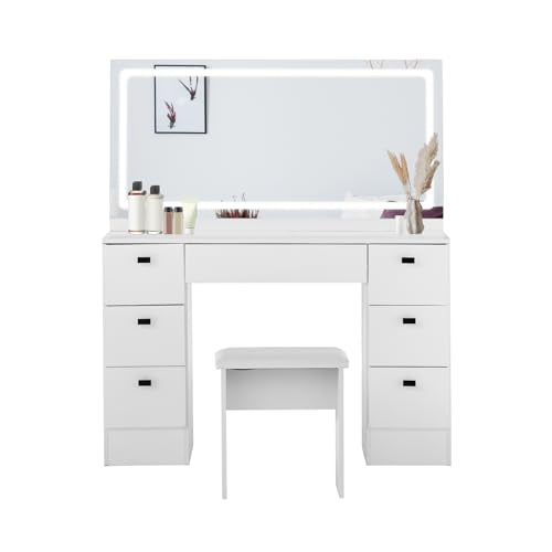 TUKAILAi 46" Vanity Desk with Large HD Mirror, LED Lights & Power Outlet, Touch Control 3 Color Lighting Modes Adjustable, Modern Hollywood Makeup Vanity Set with 7 Drawers & PU Cushioned Stool TUKAILAi