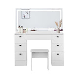 TUKAILAi 46" Vanity Desk with Large HD Mirror, LED Lights & Power Outlet, Touch Control 3 Color Lighting Modes Adjustable, Modern Hollywood Makeup Vanity Set with 7 Drawers & PU Cushioned Stool TUKAILAi