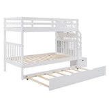 Twin over Full Bunk Bed with Trundle, Wood Bunk Bed with Storage Cabinet and Drawers, Convertible Bunk Beds Twin over Full Size Split into 3 Beds for Kids, Teens, Adults, Noise-reduced, White Harper & Bright Designs