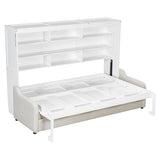 SOFTSEA Full Size Murphy Bed with Sofa and Shelves, Horizontal Murphy Bed Cabinet with LED Light, Hidden Wall Bed with Foldable Couch Space-Saving for Guest Room Bedroom Office, Beige SOFTSEA