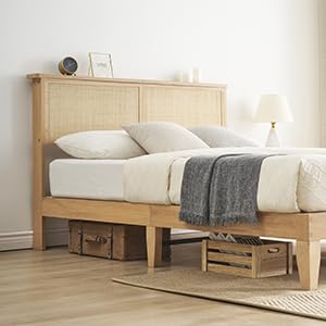 Coucheta Queen Rattan Bed Frame with Natural Headboard and LED Lights - WoodArtSupply