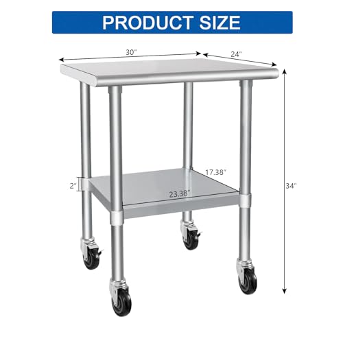 HARDURA Stainless Steel Table with Wheels 24 x 30 Inches Casters NSF Heavy Duty Commercial Work & Prep Table with Undershelf and Galvanized Legs for Restaurant Kitchen Bar and Hotel Garage - WoodArtSupply