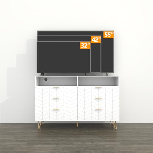 Loomie 6 Drawers Double Dresser with Power Outlet & LED Light,White Long Dresser Chests of Drawers with Storage Cubby,Wood Wide TV Dresser Stand for up to 55" for Bedroom,Hallway,Entryway Loomie