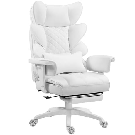 Dowinx Big and Tall Office Chair with Pocket Spring Cushion,High Back Computer Gaming Chairs with Adjustable Armrests and Lumbar Support,Executive Desk Chairs with Footrest(PU Leather,White) Dowinx