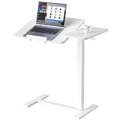 Sweetcrispy Small Standing Desk Rolling Table Adjustable Height, Laptop Mobile Stand with Wheels, Portable Computer Workstation with Tiltable Desktop for Teacher Classroom Home Office, White Sweetcrispy