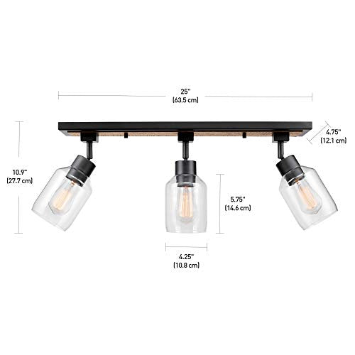 Globe Electric 59798 25" 3-Light Track Lighting, Wood Toned, Matte Black Accents, Clear Glass Shades, Kitchen, Bathroom, Home Essentials, Ceiling Light, Dorm, Dining Room, Hallway Globe Electric
