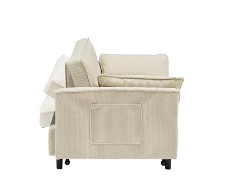 PBOGHLRD Modern Corduroy Loveseat Futon Sofa Couch with Pullout Bed, Small Lounge Sofa with Reclining Backrest, Folding Sleeper Sofa Bed for Living Room, Bedroom, Office, Apartment (Beige) PBOGHLRD