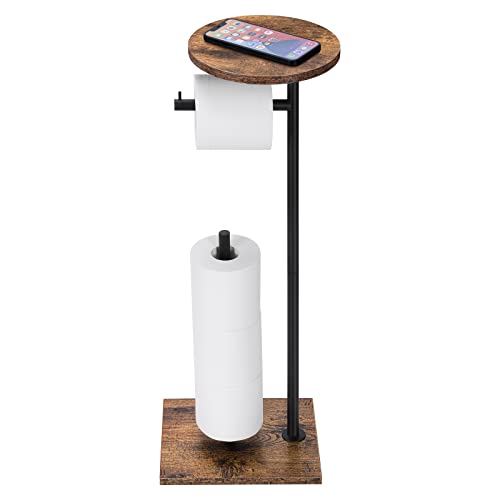 Toilet Paper Stand Tissue Holder Farmhouse Toilet Roll Paper Stand with Shelf Bath Paper Organizer Free Standing Tissue Paper Dispenser Floor Paper Roll Holder with Reserve for Bathroom, Wood