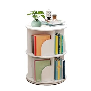 DDBESSIC 2-Tier 360° Rotating Bookshelf Tower for Small Spaces - White Display Shelf - WoodArtSupply