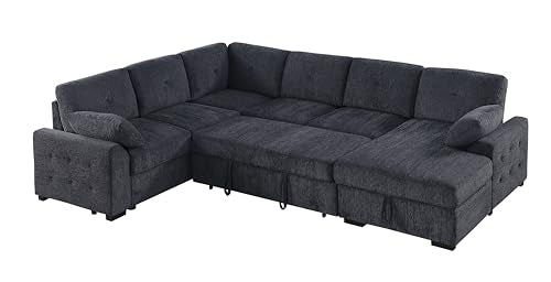 FANYE U-Shaped Pull Out Sleep Sofabed, Modern Sleeper Sectional Sofa Couch Chenille Upholstered Button Tufted Decor with Storage Chaise and 2 Pillows for Living Room Furniture Sets FANYE